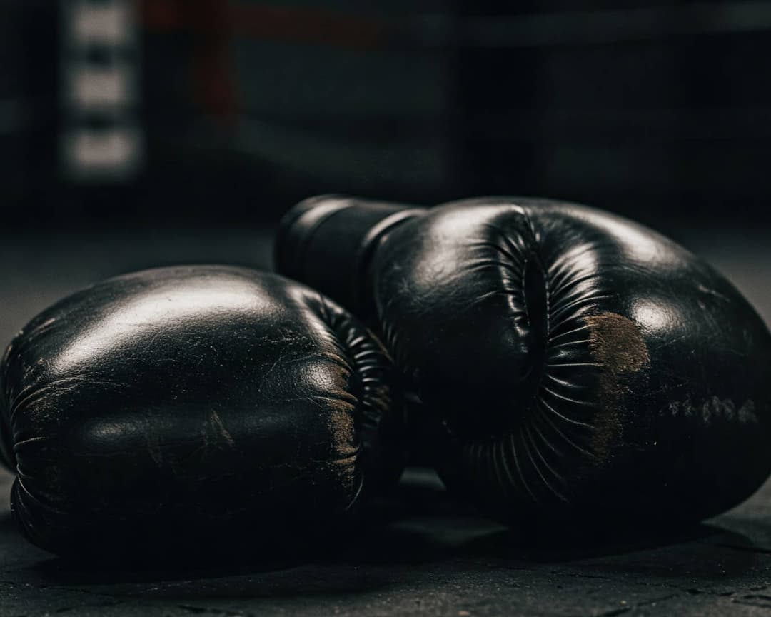 Image of two boxing gloves on the ground after a hard training session