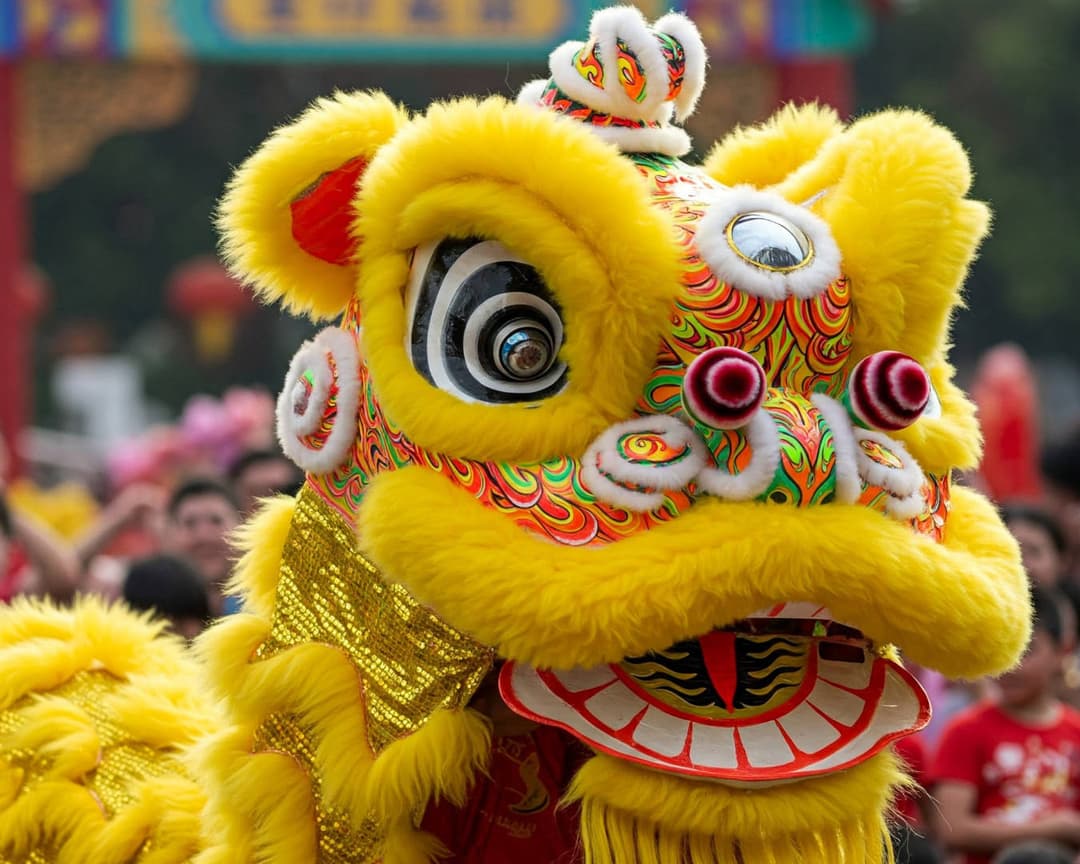 A bright yellow Chinese Lion Dance Costume in Southern Style